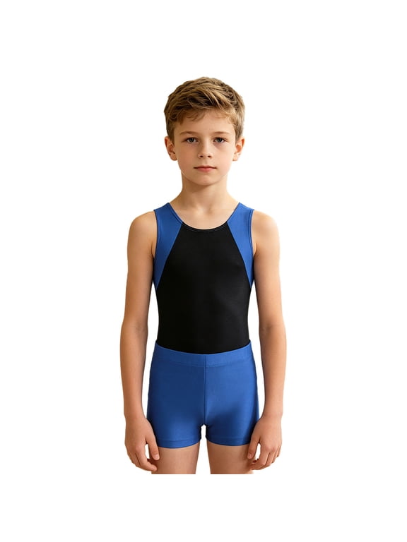 Boys Sleeveless Gymnastics Leotard with Shorts Set Dance Gym Workout Jumpsuit 6-16 Blue 6
