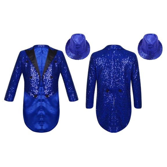 Aislor Kids Boys Sparkly Sequin Tuxedo Tailcoat Jacket with Hat Suit Performance Dancewear A Blue 12