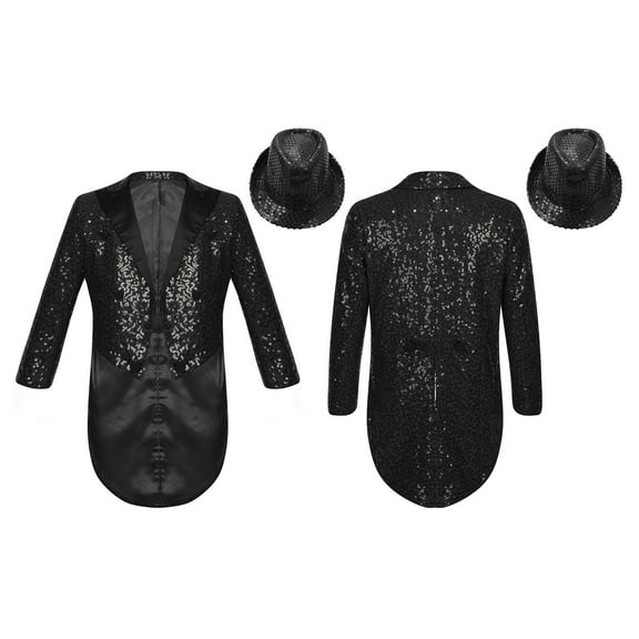 Aislor Kids Boys Sparkly Sequin Tuxedo Tailcoat Jacket with Hat Suit Performance Dancewear Black 10
