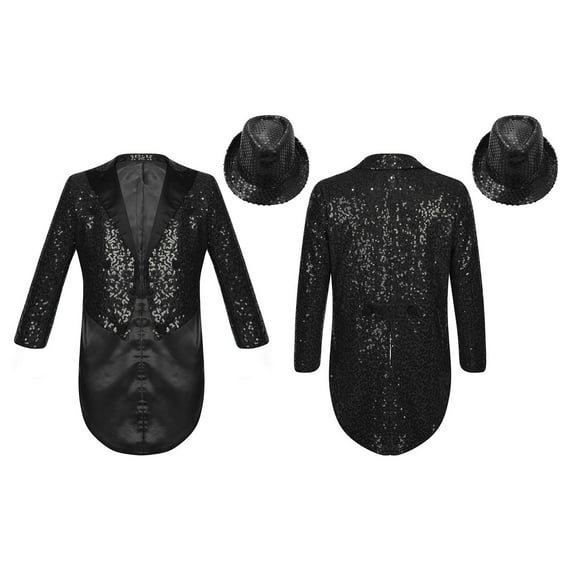 Aislor Kids Boys Sparkly Sequin Tuxedo Tailcoat Jacket with Hat Suit Performance Dancewear Black 8