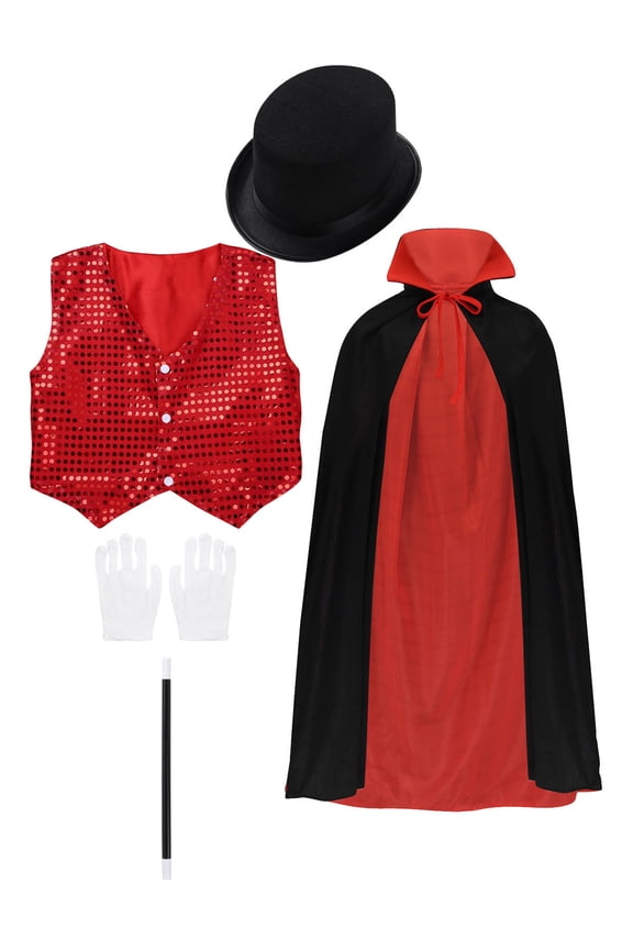 Kids Cape Vest Outfit Party Supplies Gloves Hat Wand Cloak Set Size 7-14 Red 10-12
