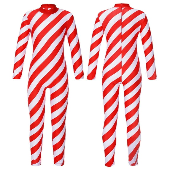 Aislor Kids Christmas Candy Cane Costume Long Sleeve Striped Gymnastic Unitard Bodysuit Size 6-16 A Red 6