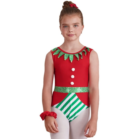 Aislor Kids Christmas Elf Costume Sequins Jumpsuit Gymnastic Dance Leotard Xmas Party Fancy Dress Size 4-14 A Red 14