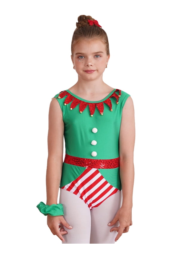 Kids Christmas Elf Costume Sequins Jumpsuit Gymnastic Dance Leotard Xmas Party Fancy Dress Size 4-14 Green 4