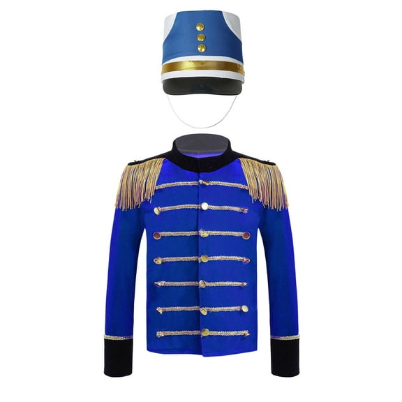 Aislor Boys Girls Long Sleeve Tassels Marching Band Uniform Majorette Drum Trumpet Team Honor Guard Jacket Tops Blue 14