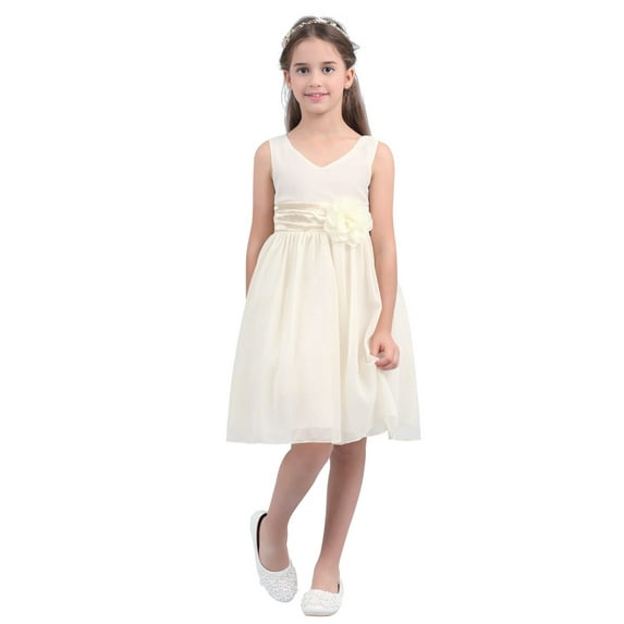 Aislor Kids Flower Girls Dress V Neck Sleeveless Chiffon Pleated Princess Party Wedding Bridesmaid Ball Gown Cream 6