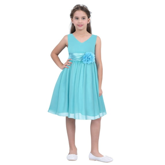 Aislor Kids Flower Girls Dress V Neck Sleeveless Chiffon Pleated Princess Party Wedding Bridesmaid Ball Gown Blue 8
