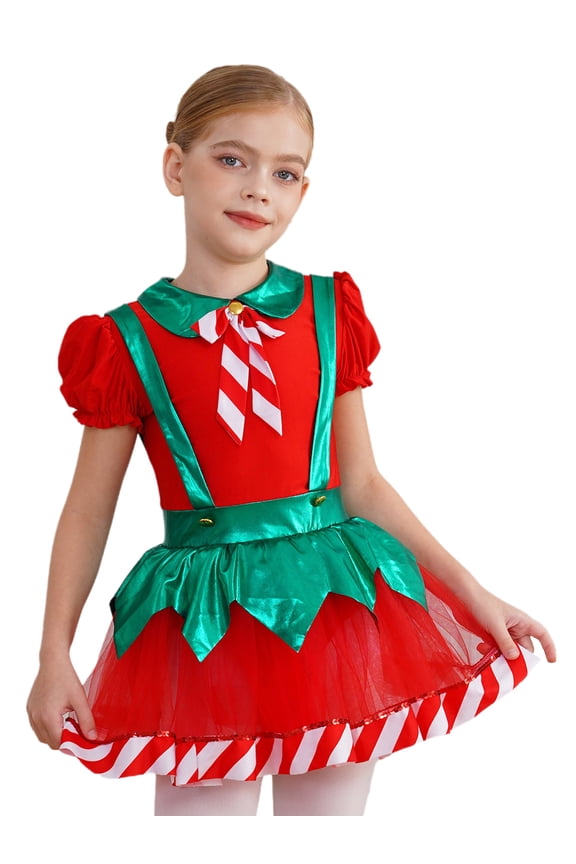 Kids Girl Short Puff Sleeve Christmas Elf Doll Collar Tulle Tutu Santa Claus Dress Red 6