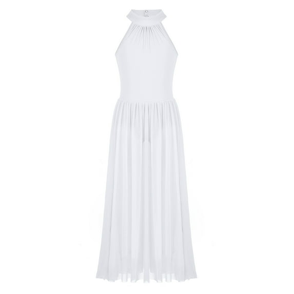 Aislor Kids Girld Lyrical High Mock Neck Ballet Leotard Cutout Back Flowy Long Sheer Mesh Romper Gown Size 8-16 White 14