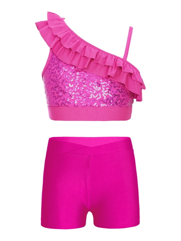 Kids Girls 2 Piece Gymnastics Dance Leotards Outfits Racer Back Crop Top with Shorts Set for Dancing Tumbling 6-14 A Hot Pink 6