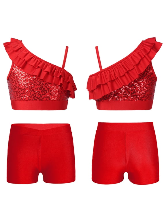 Kids Girls 2 Piece Gymnastics Dance Leotards Outfits Racer Back Crop Top with Shorts Set for Dancing Tumbling 6-14 Red 10