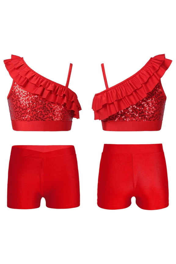 Kids Girls 2 Piece Gymnastics Dance Leotards Outfits Racer Back Crop Top with Shorts Set for Dancing Tumbling 6-14 Red 12