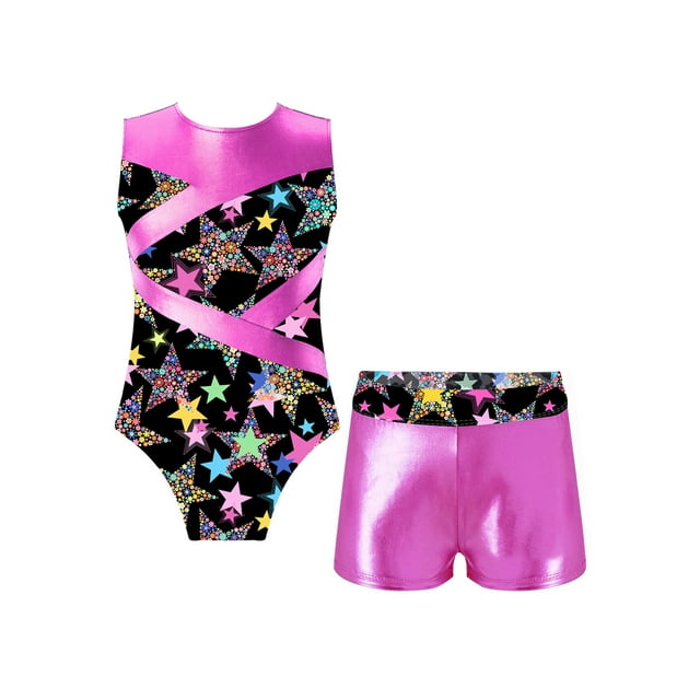 Aislor Kids Girls 2 Piece Sport Outfit Sparkle Gymnastic Leotard Backless Dance Unitard with