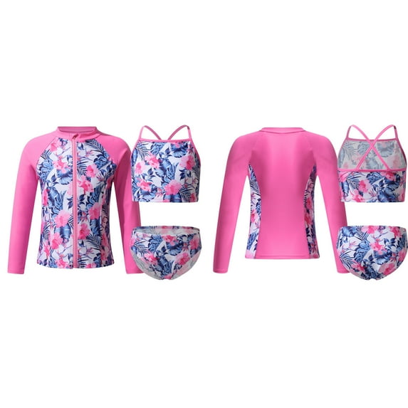 Aislor Kids Girls 3 Piece Swimsuit Rush Guard Crop Top Briefs Long Sleeve Coat Tankini Bikini Set Size 4-16 Pink Floral 8