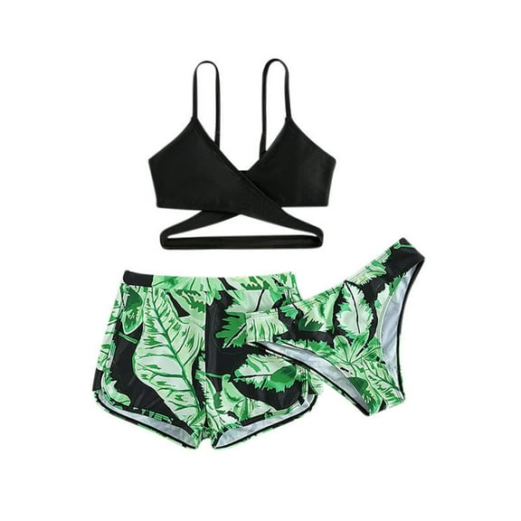 Aislor Kids Girls 3 Pieces Printed Bikini Set Criss Cross Swimsuit Beach Swimwear Bathing Suit Green 12-13