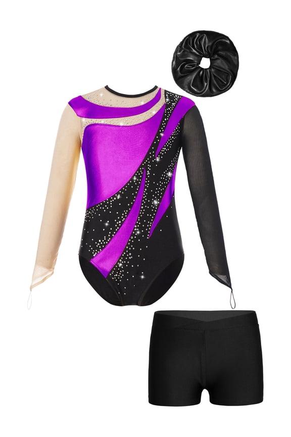 Kids Girls 3Pcs Gymnastics Leotard Long Sleeve Printed Bodysuit Training Outfits Tracksuit Work Out Purple&Black 6