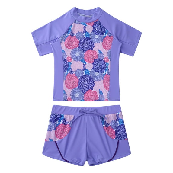 Aislor Kids Girls Athletic Tankini Swimsuit Floral Short Sleeve Swim Shirt with Shorts Rash Guard Swimwear Purple 16