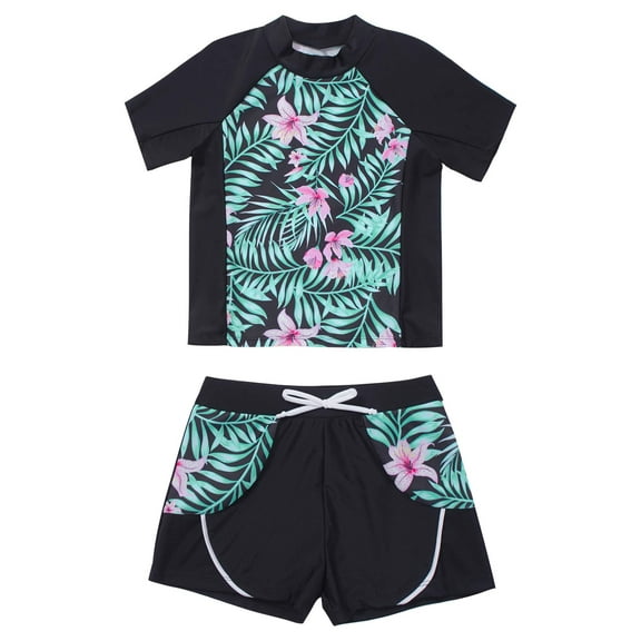Aislor Kids Girls Athletic Tankini Swimsuit Floral Short Sleeve Swim Shirt with Shorts Rash Guard Swimwear Summer Lily Pink 14