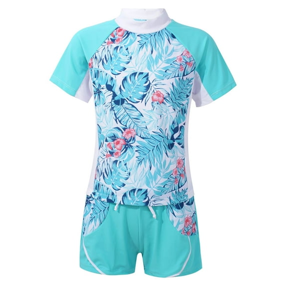 Aislor Kids Girls Athletic Tankini Swimsuit Floral Short Sleeve Swim Shirt with Shorts Rash Guard Swimwear Tropical Leaves 8