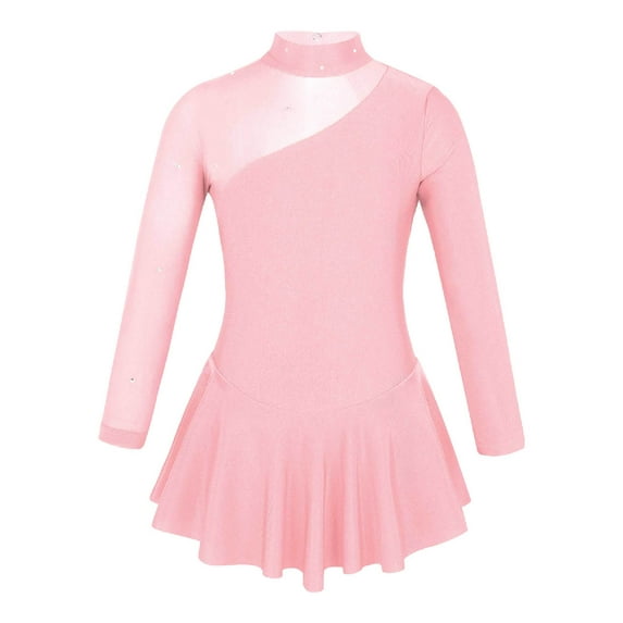 Aislor Kids Girls Ballet Dance Leotard Gymnastic Long Sleeve Keyhole Back Figure Ice Roller Skating Dress Pearl Pink 6