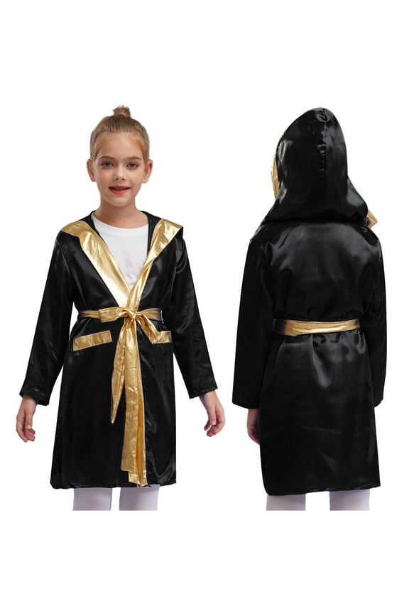 Kids Girls Boxing Robe Satin Long Hooded Hoodie Cloak with Belt Black 6