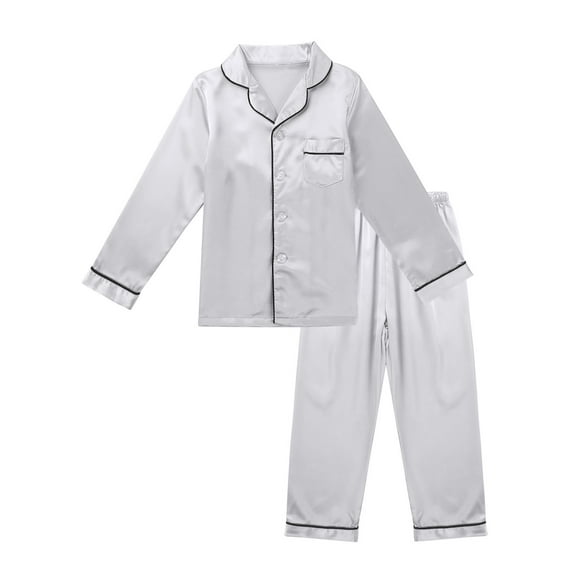 Aislor Kids Girls Boys Sleepwear Suit Silk Lapel Long Sleeve Pocket Button Top with Pants