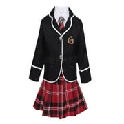 Aislor Kids Girls British Style School Uniform Anime Costume Long Sleeve Suit Coat with Shirt Tie Mini Skirt Set Size 4-14 A Black 10-12