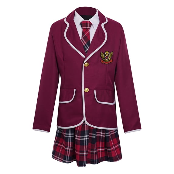 Aislor Kids Girls British Style School Uniform Anime Costume Long Sleeve Suit Coat with Shirt Tie Mini Skirt Set Size 4-14 Burgundy 4-5