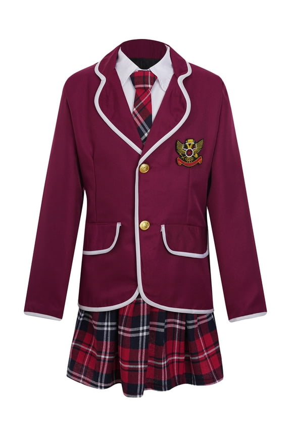 Kids Girls British Style School Uniform Anime Costume Long Sleeve Suit Coat with Shirt Tie Mini Skirt Set Size 4-14 Burgundy 4-5