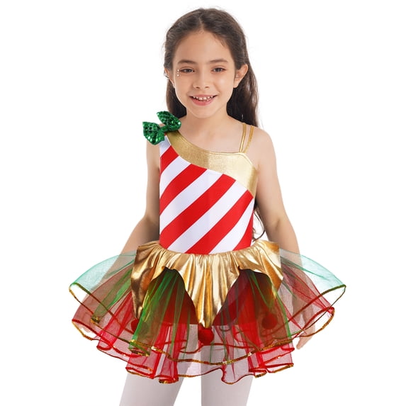 Aislor Kids Girls Camisole Ballet Tutu Dress Stripe Printed Skirted Leotard Christmas A Red 4