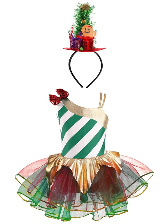 Kids Girls Camisole Sequins Striped Christmas Outfits Figure Ice Skating Dance Leotard Tutu Dress Green 12
