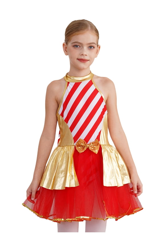 Kids Girls Candy Cane Striped Sequins Ballet Figure Ice Skating Christmas Tutu Dance Dress Red 16