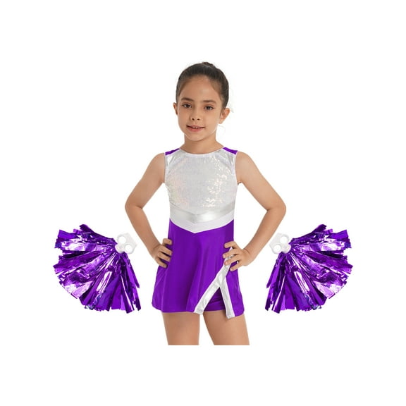 Aislor Kids Girls Cheer Leader Costume Carnival Cheerleading School Uniform Sequin Dance Gymnastic Dress and Short Pom Poms