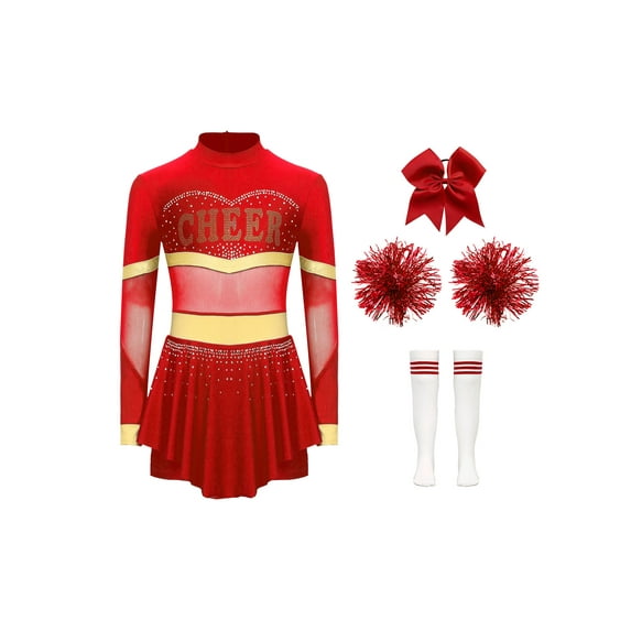 Aislor Kids Girls Cheer Leader Costume Halloween Cheerleading Uniform Dress with Pom Poms Stocking Hair Tie Red B 10