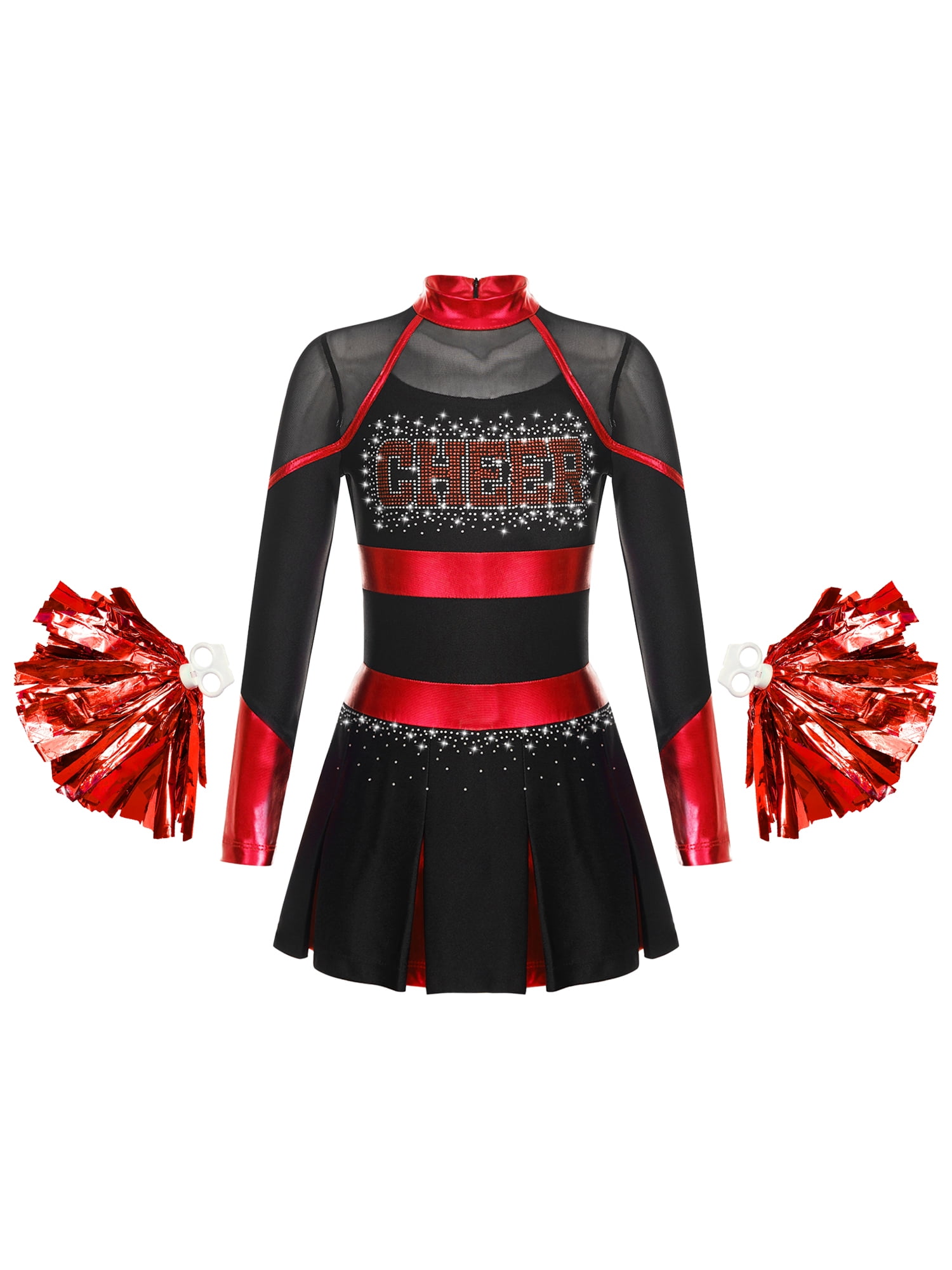 Aislor Kids Girls Cheer Leader Long Sleeve Cheerleading Uniform Dress with Pom Pom Black&Red 8