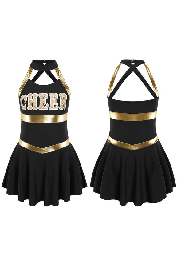 Kids Girls Cheer Leader Outfit Cheerleading Uniform Dance Cosplay Halloween Party Fancy Dress Up Costume Size 6-16 A Black 6
