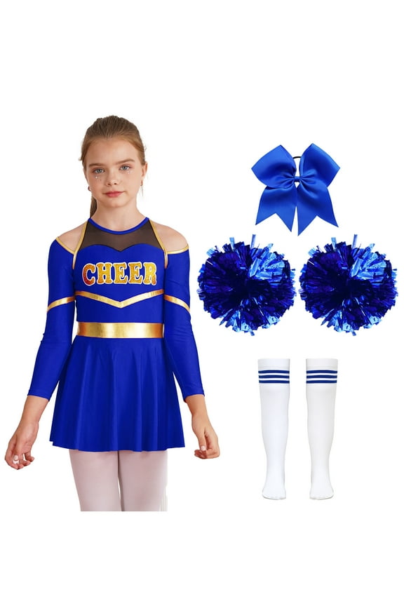 Kids Girls Cheerleading Uniform Halloween Long Sleeve Outfits Performance Dance Blue A 6