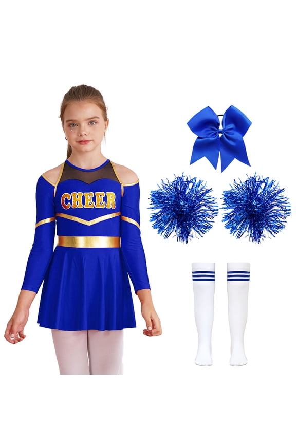Kids Girls Cheerleading Uniform Long Sleeve Outfits Performance Dancewear Blue B 6