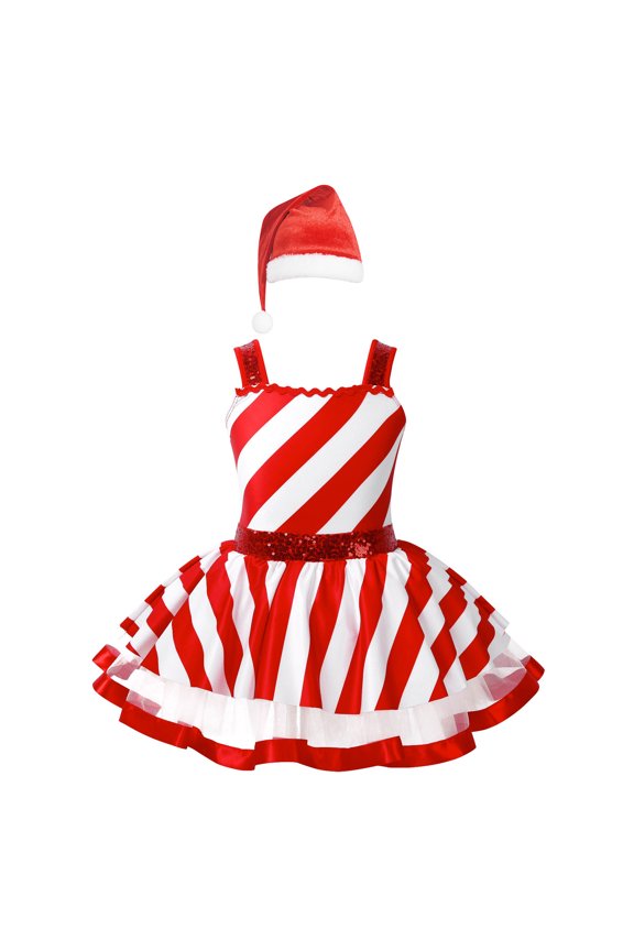 Kids Girls Christmas Candy Cane Cheer Dance Costume Figure Skating Ballet Tutu Leotard Dress Red 4