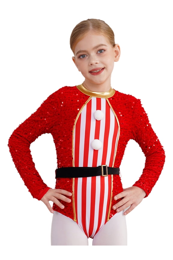 Kids Girls Christmas Costume Sequins Ballet Dance Bodysuit Gymnastics Leotard Santa Claus Red 16
