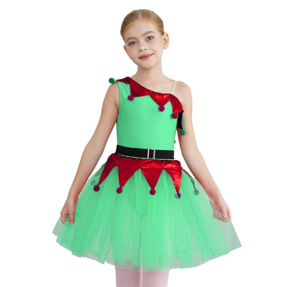 Aislor Kids Girls Christmas Dance Dress Elf Santa Costume Figure Ice Skating Ballet Tulle Tutu Dress Green 16