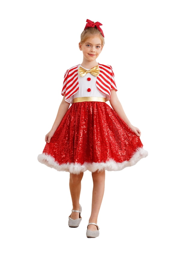 Kids Girls Christmas Dress Outfit Santa Gown Costume Sleeveless Gold Bow Knot with Stripe Red 8