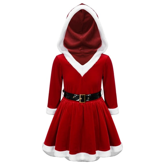 Aislor Kids Girls Christmas Mrs Santa Velvet Long Sleeve Hooded Tutu Dress Princess Party Red 12