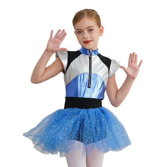 Aislor Kids Girls Alien Shiny Metallic Sequins Dance Leotard Tutu Dress Cosplay Party Fancy Costume Blue 10