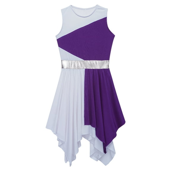 Aislor Kids Girls Color Block Asymmetrical Lyrical Contemporary Dance Dress Praise Dance Tunic
