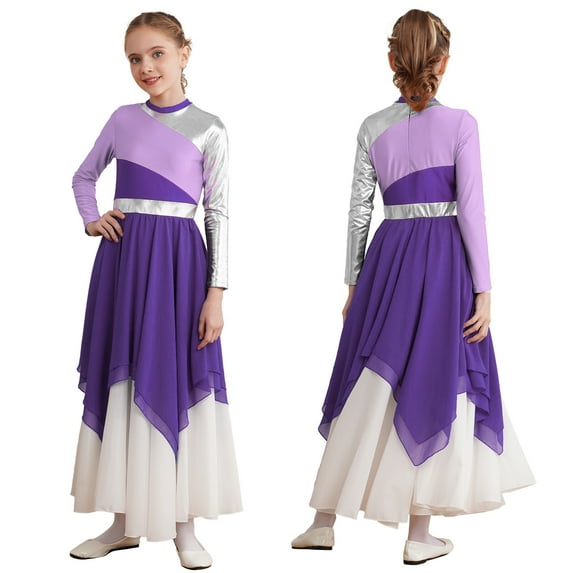 Aislor Kids Girls Color Block Long Sleeve Praise Dance Dress Worship Robe Dancewear Size 6-16 A Purple 8