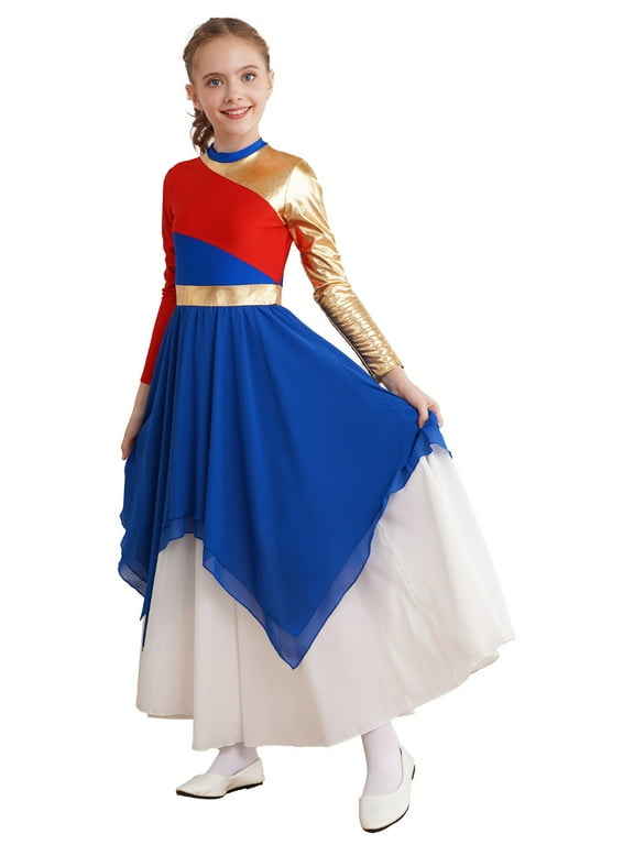 Aislor Kids Girls Color Block Long Sleeve Praise Dance Dress Worship Robe Dancewear Size 6-16 Royal Blue 10