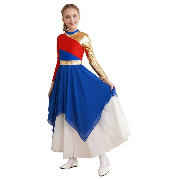 Aislor Kids Girls Color Block Long Sleeve Praise Dance Dress Worship Robe Dancewear Size 6-16 Royal Blue 10