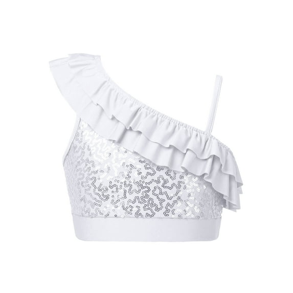 Aislor Kids Girls Dance Crop Top Asymmetrical Shoulder Straps Ruffle Sequins Cami Vest White 12