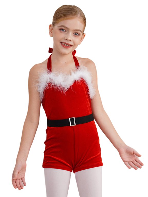 Kids Girls Dance Leotard Christmas Santa Elf Costume Sleeveless Halter Velvet Romper Shorts Red 10